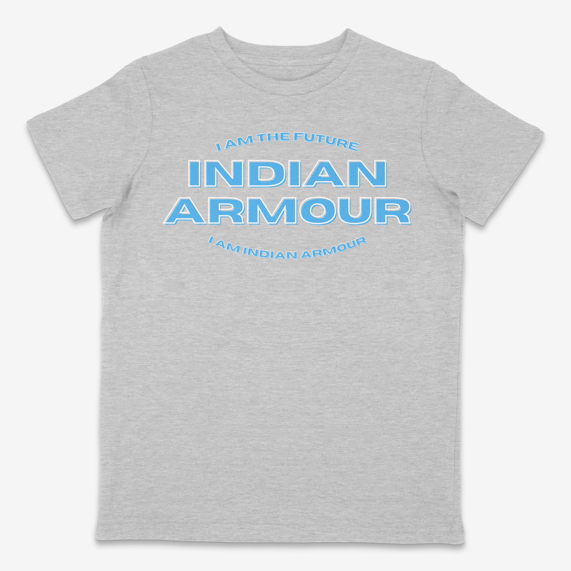 Grey t-shirt with blue text 'I AM THE FUTURE INDIAN ARMOUR' on a grey background